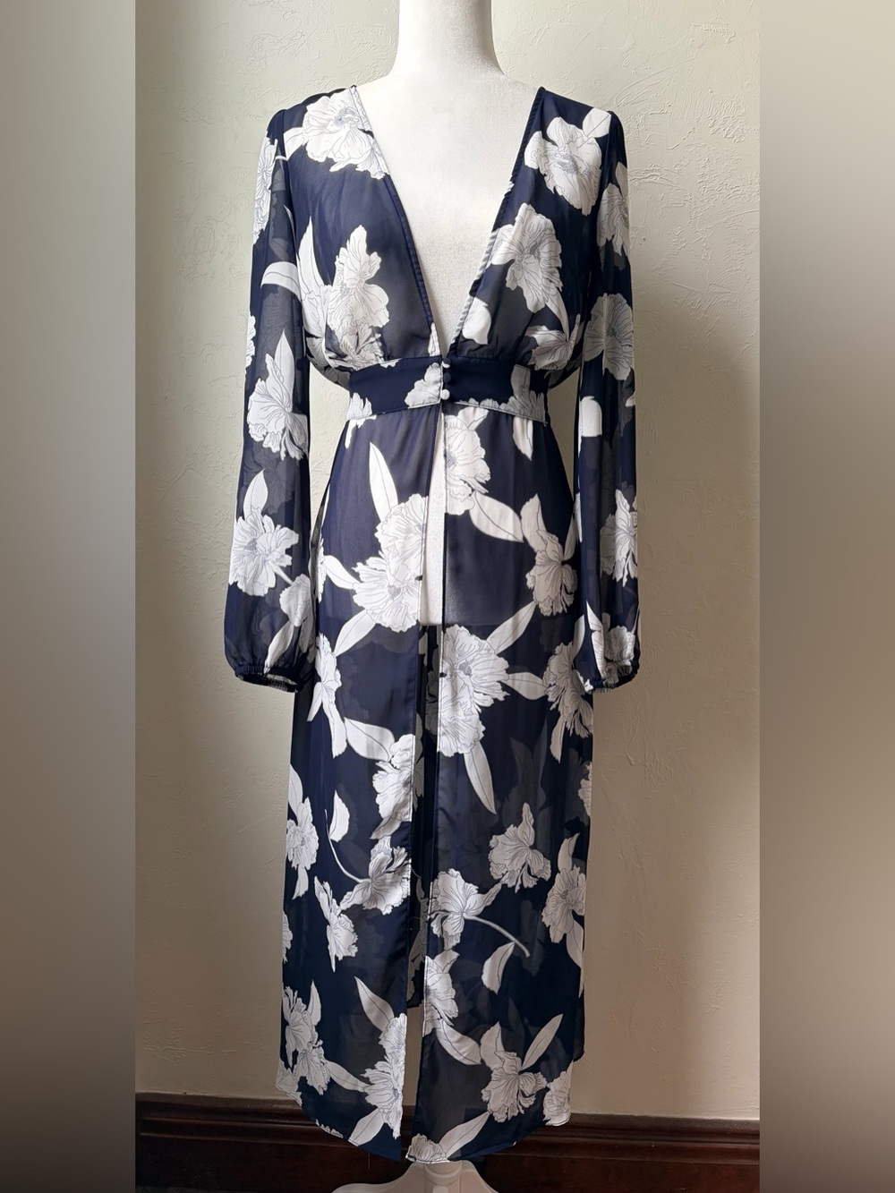 Soprano Sheer Floral Maxi Duster Kimono Cover-Up Navy M